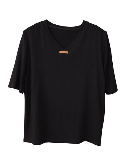 Simple Solid Color V-Neck Short Sleeves T-Shirt Tops