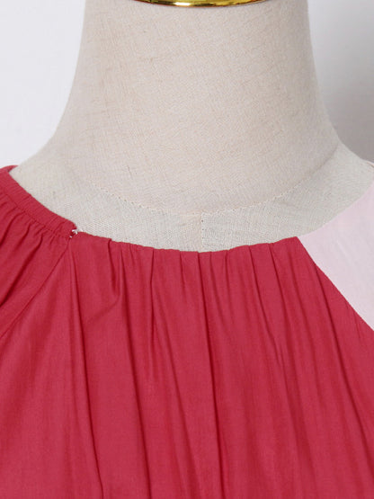 Stylish Contrast Color Split-Joint Round-Neck Raglan Sleeve Maxi Dress