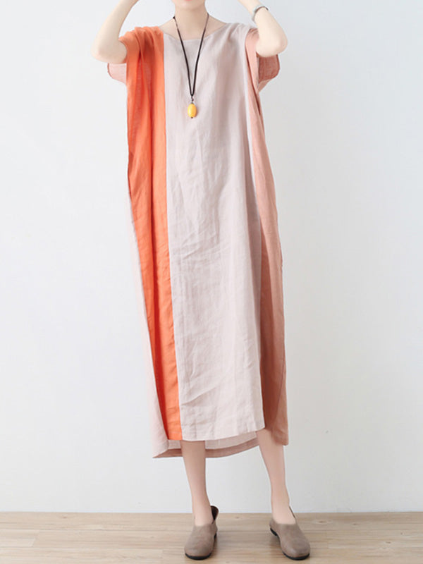 Original Linen Split-Joint Contrast Color Round-Neck Batwing Sleeve Midi Dress