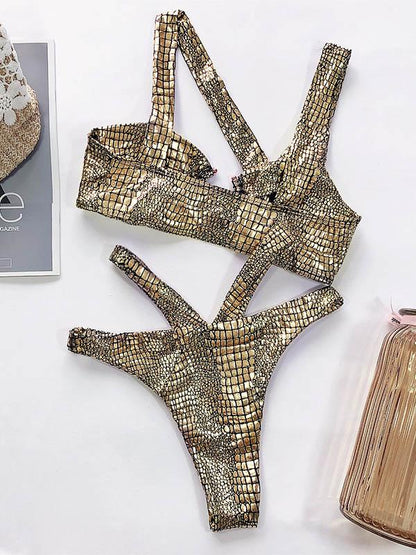 Snake-Print Asymmetric Split Bikini Swimsuit