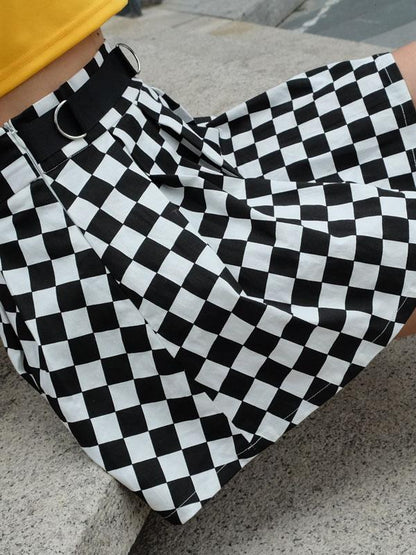 Printed Black&white Plaid Pleated Skirt