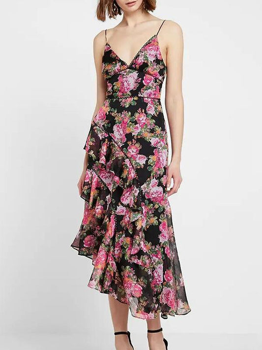 V-neck Irregular Bottom Floral Printed Midi Dress