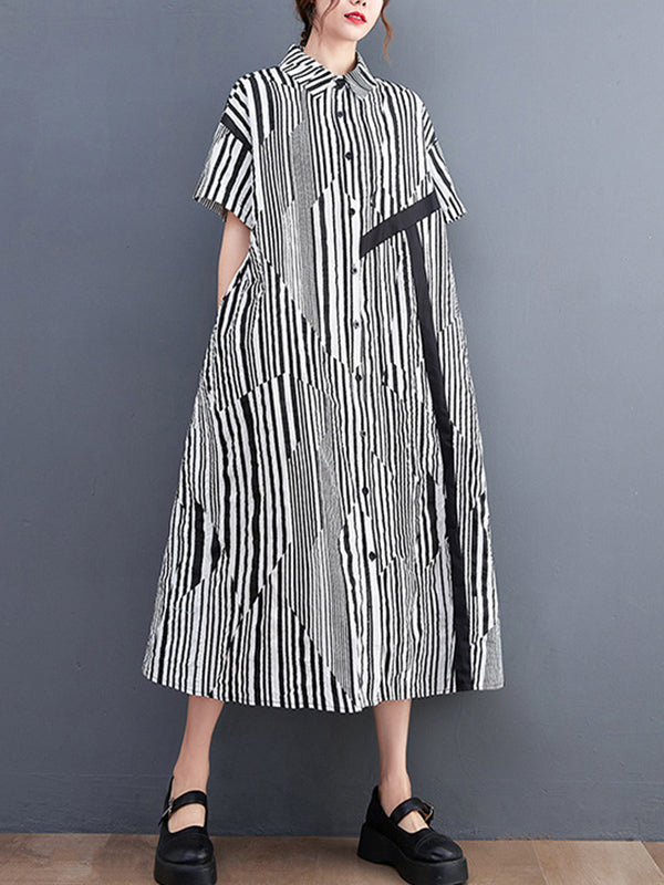 Artistic Retro Loose Striped Contrast Color Midi Shirt Dress