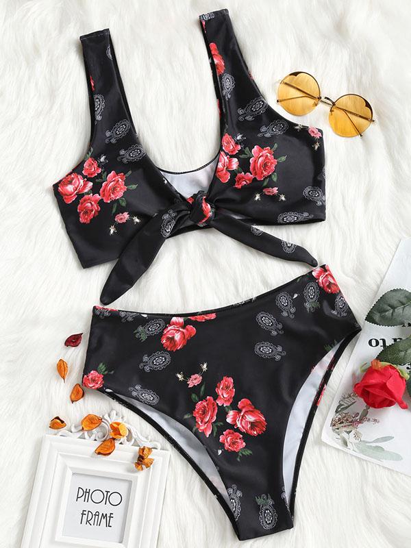 Knotting High Waist Printed Bikinis Swimwear