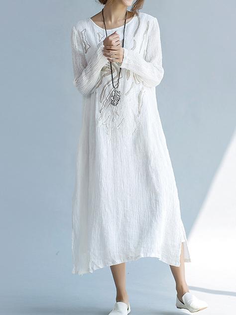 White Ramie Cotton Embroidered Long Dress