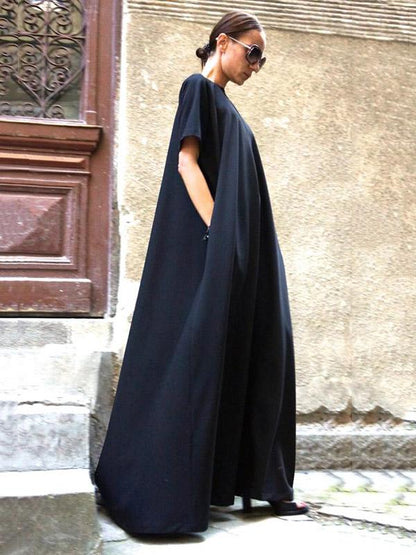 Loose Navy-blue Short Sleeves Maxi Dress