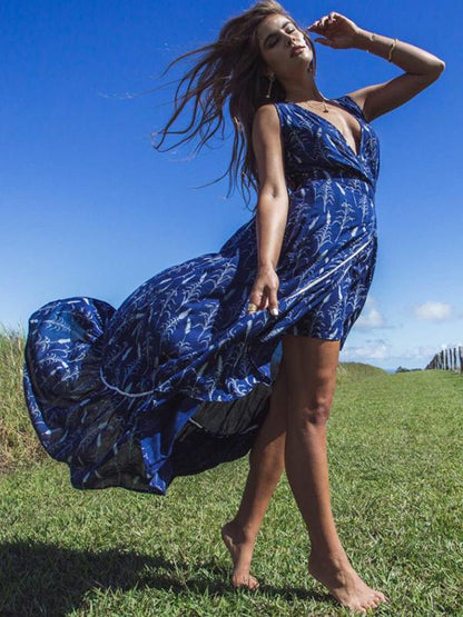 Asymmetric Belted Deep V-neck Maxi Dress