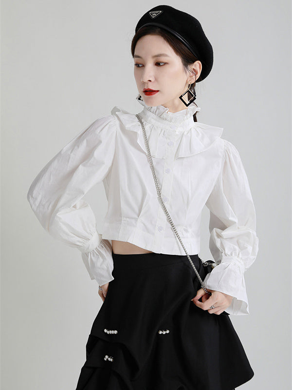 Stylish Solid Color Falbala Buttoned Pleated Stand Collar Long Puff Sleeves High-Waist Blouse