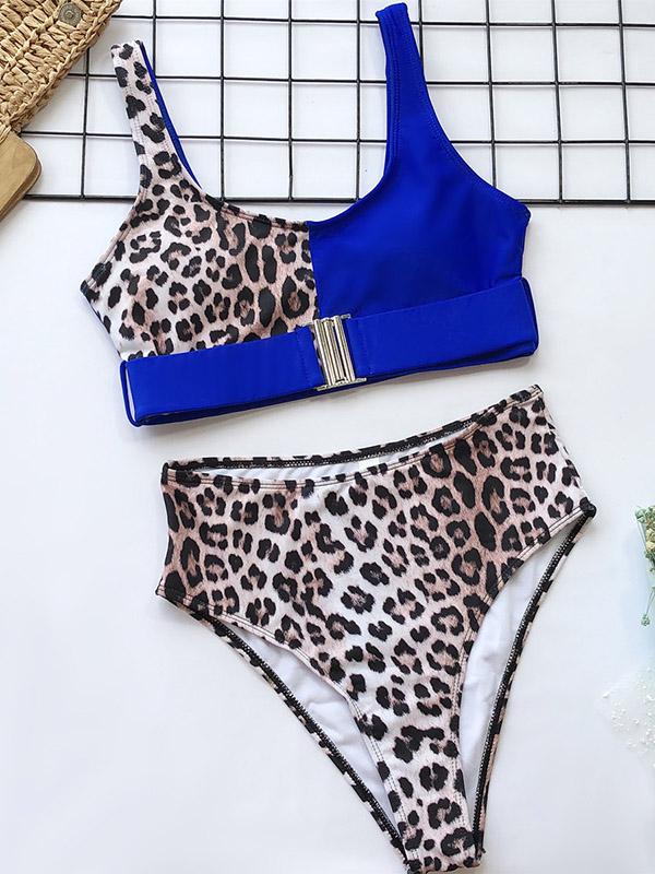 Stitching Leopard Empire Bikini Swimsuit