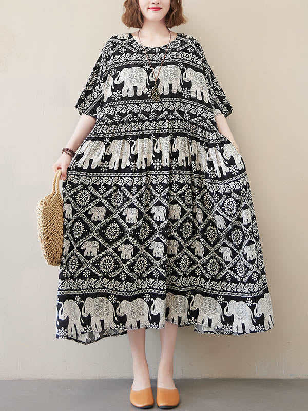 National Floral Ethnic Printed Pleated Round-Neck Half Sleeves Midi Dress