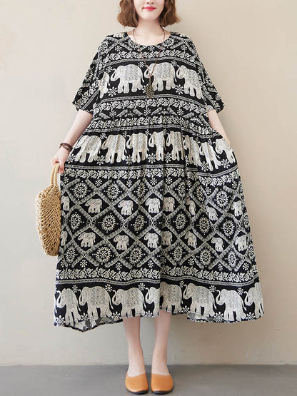 National Floral Ethnic Printed Pleated Round-Neck Half Sleeves Midi Dress