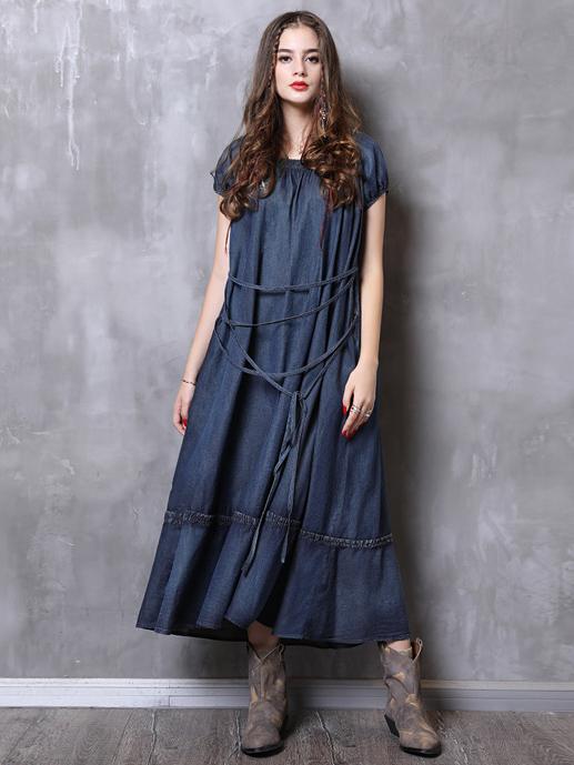 Simple Strap Loose Denim Midi Dresses