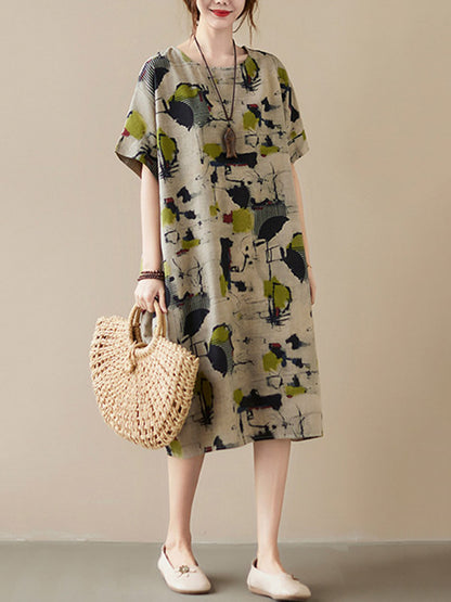 Artistic Retro Ramie Cotton Printed Round-Neck Half Sleeves Midi Dress