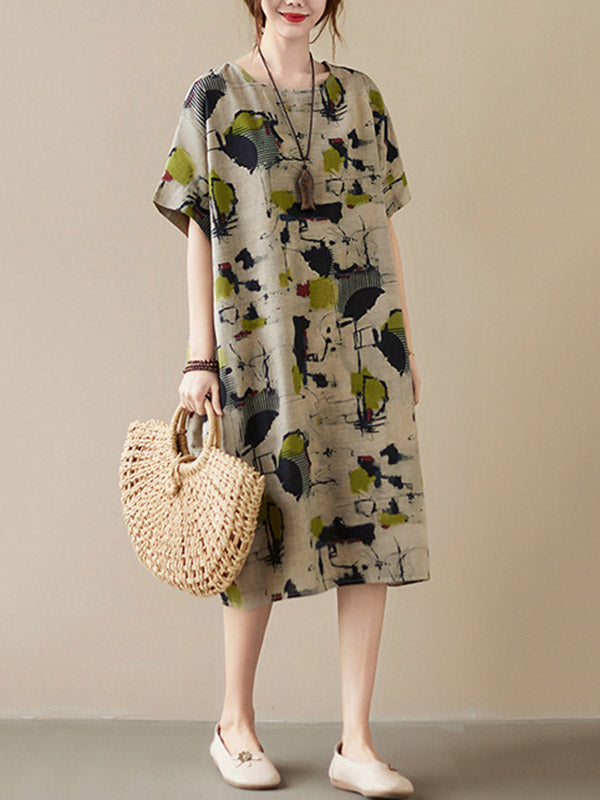 Artistic Retro Ramie Cotton Printed Round-Neck Half Sleeves Midi Dress