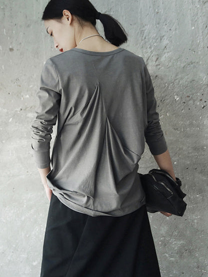 Casual Solid Color Pleated Long Sleeves Round-Neck T-Shirt Tops