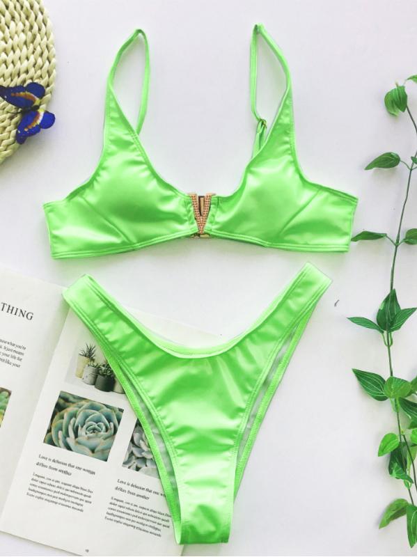 V-Neck Pecial Metal Buckle Vest Bikini Swimsuit