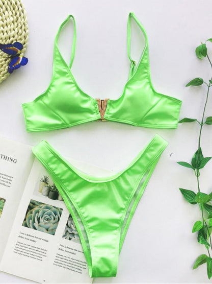 V-Neck Pecial Metal Buckle Vest Bikini Swimsuit