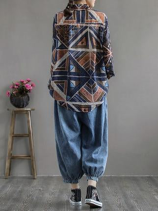 Artistic Retro Print Lapel Shirt Blouse Tops