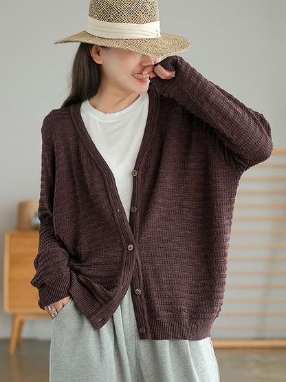 Casual Solid Color Buttoned V-Neck Long Sleeves Jacquard Knitted Cardigan