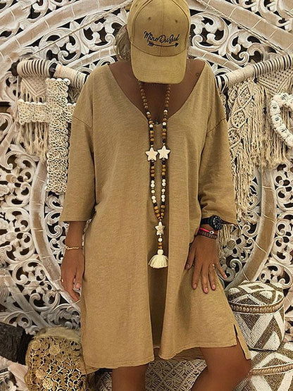 Solid V-neck Loose Midi Dress