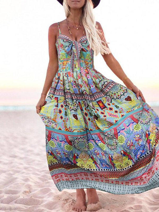 Printed Spaghetti-neck Bow-embellished Maxi Dress