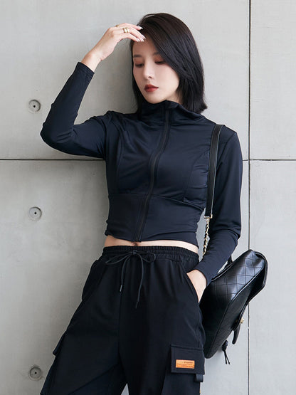Sports Solid Color Zipper Stand Collar Long Sleeves Outwear