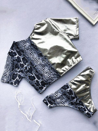 Contrast Snakeskin Printing Semi Tankini Swimsuit