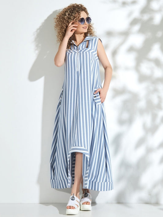 Urban Irregularity Striped Hooded Zipper Sleeveless Maxi Dresses