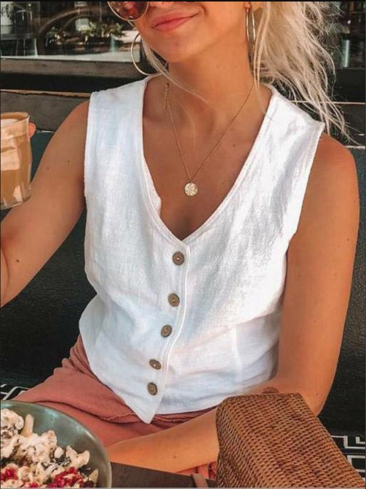 Sleeveless V-neck Linen Vest Tops