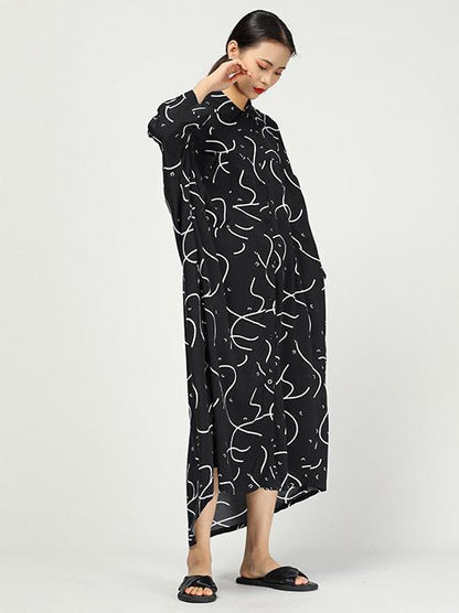 Original Ramie Cotton Printed Lapel Long Blouse Dress