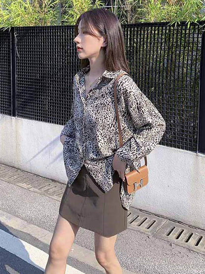 Stylish Leopard Buttoned Lapel High-Low Long Sleeves Blouse Tops