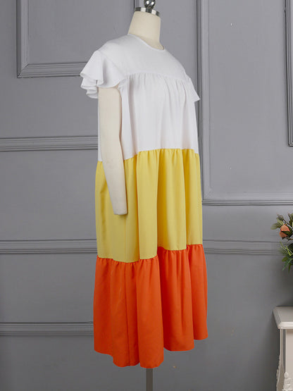 Original Loose Split-Joint Contrast Color Falbala Zipper Round-Neck Sleeveless Midi Dress