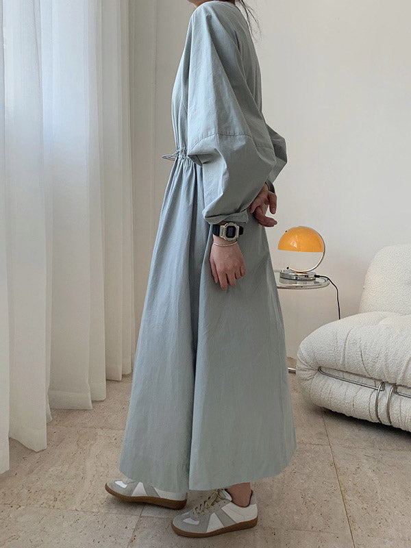 Simple Solid Color Round-Neck Pleated Long Sleeves Midi Dress