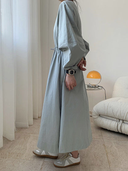 Simple Solid Color Round-Neck Pleated Long Sleeves Midi Dress