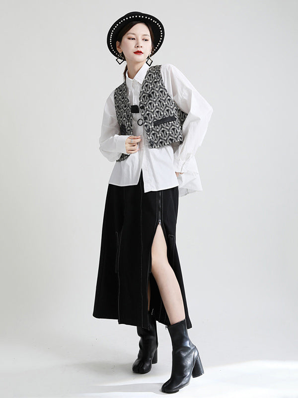 Original Irregular Solid Color Split-Joint Pleated Buttoned Lapel Collar Long Sleeves Blouse