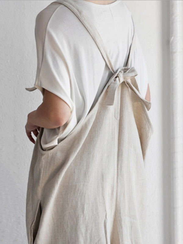 Simple Ramie Cotton Solid Color Wide Leg Overalls