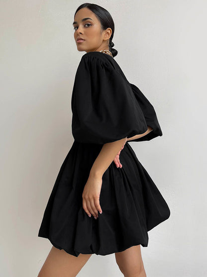 Simple Solid Color Pleated V-Neck Bishop Sleeves  Mini Dress
