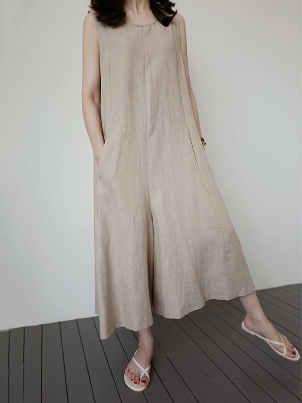 Light Khaki Loose Sleeveless Round-neck Wide Leg Jumpsuits