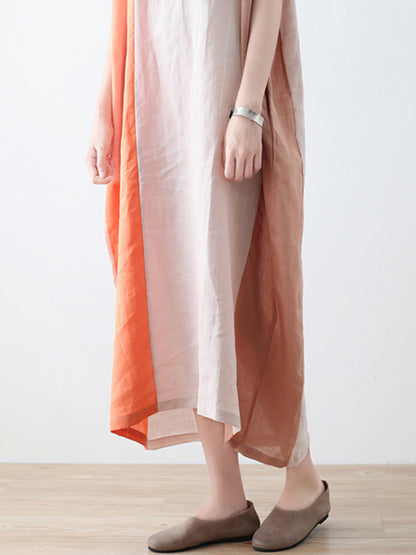 Original Linen Split-Joint Contrast Color Round-Neck Batwing Sleeve Midi Dress