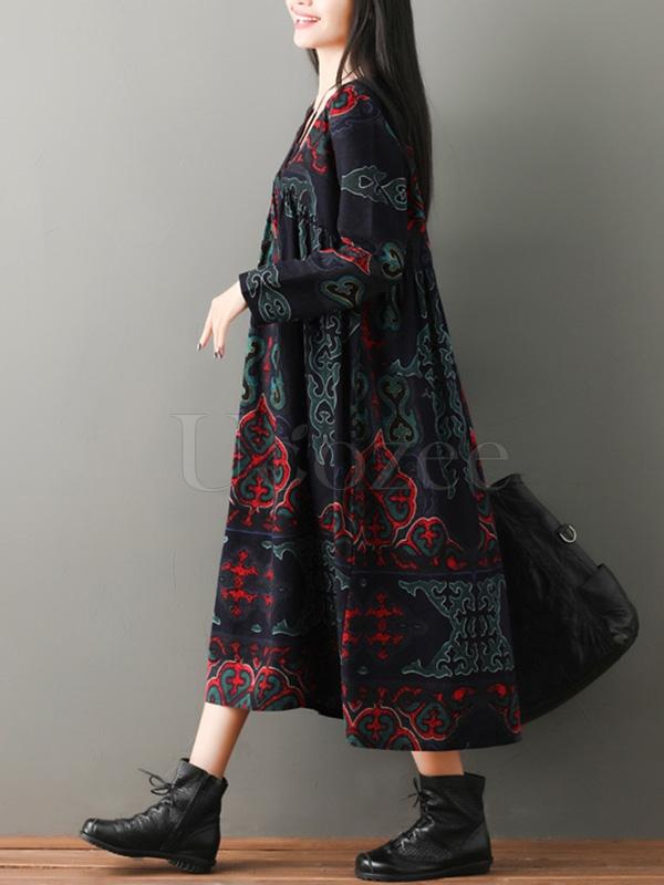 Vintage Floral Ramie Cotton V-neck Maxi Dress