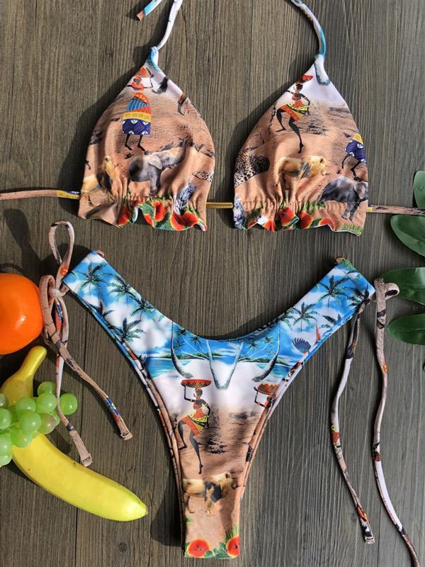 Retro Printed Bandage Split Bikini Swimsuit