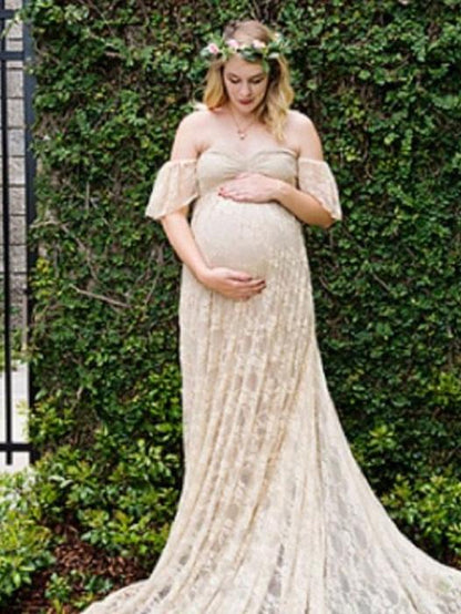 Maternity Lace Falbala Sleeve Maxi Dress