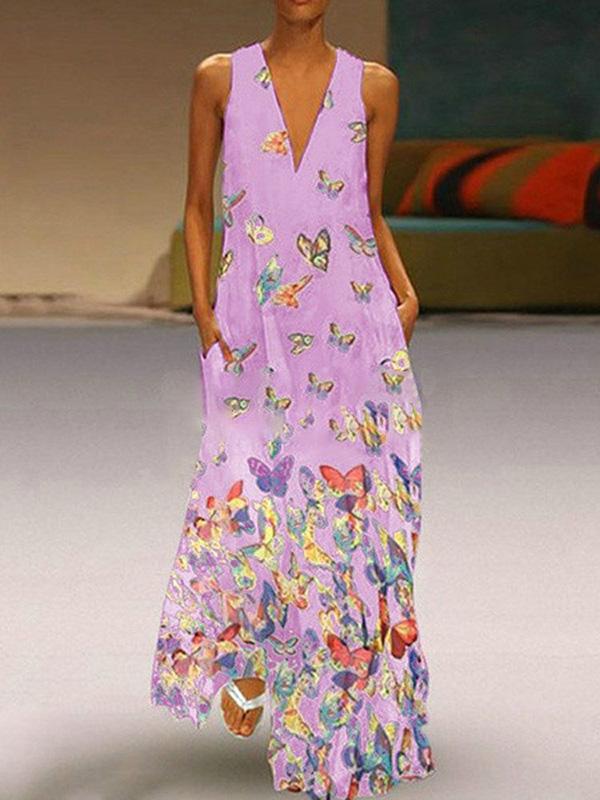 Butterfly Printed V-neck Maxi Dresses