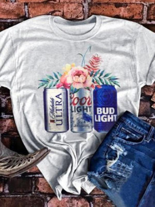 Light Gray Floral Half Sleeve T-Shirts Top