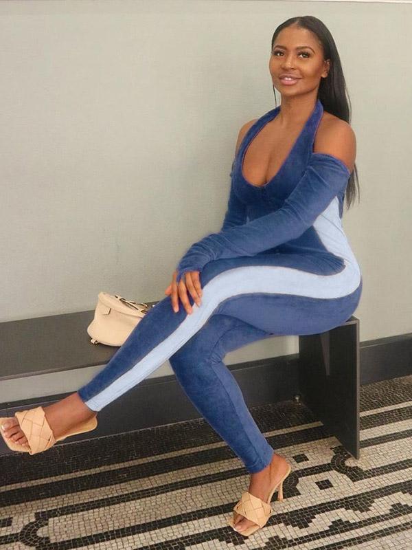 Contract Color Halter Neck Zipper Sports Jumpsuits,