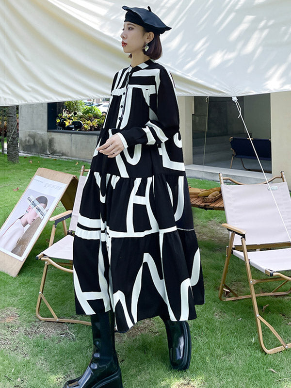 Loose Stand Collar Printed A-Line Midi Dress
