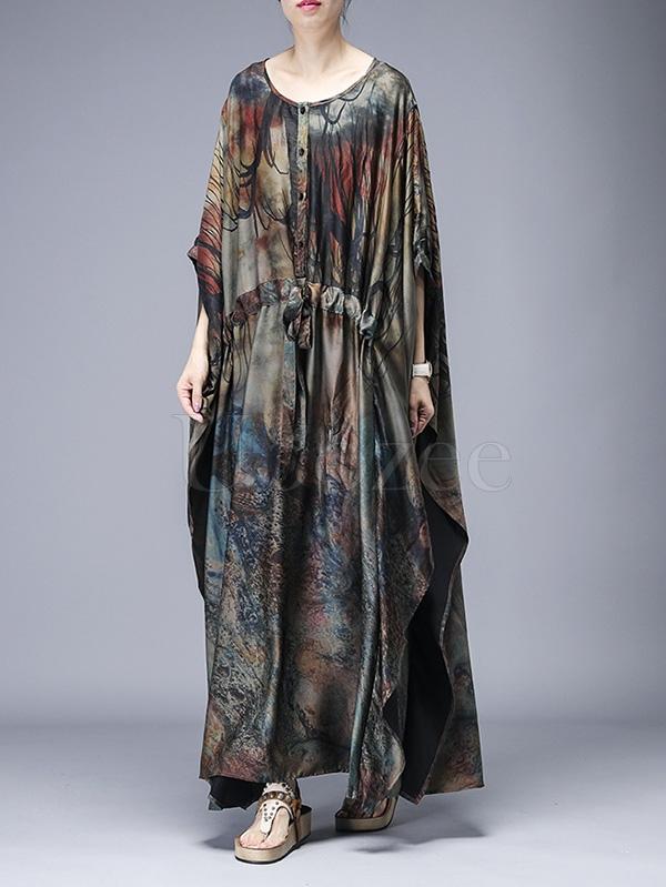 Loose Lace-up Printed Long Dress