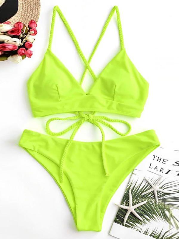 Solid Color Backless Bandage Split Bikini Swimsuit
