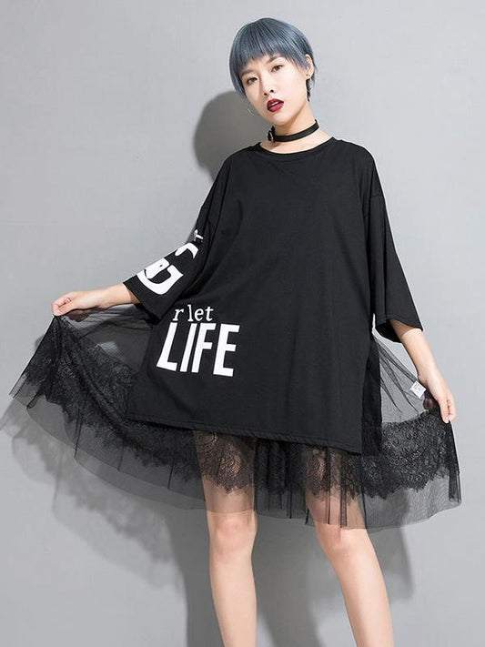 Mesh Asymmetric Printed Split-joint T-Shirt Dress