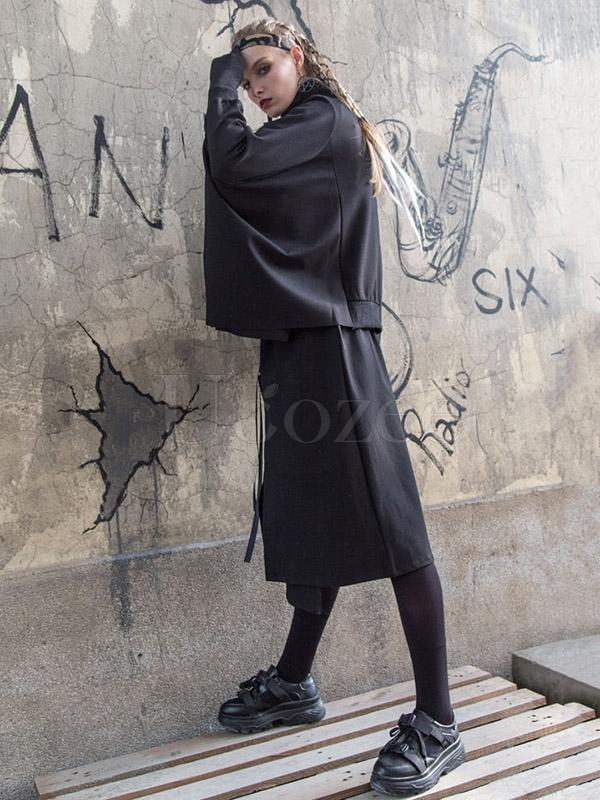 Black Batwing Sleeves High-neck Split-joint Sweatshirt